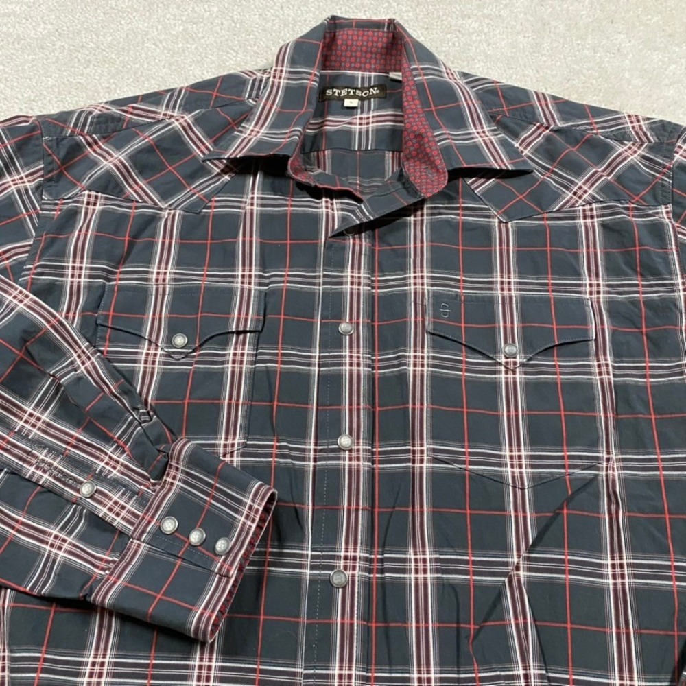 Stetson Shirt Mens L Pearl Snap Western Grey Red Plaid Long Sleeve Cotton